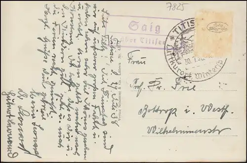 Landpost-Stempel Saig über Titisee auf passender AK SSt TITISEE Luftkurort 1938