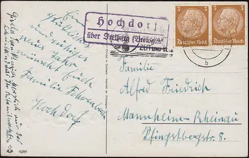 Landpost-Stempel Hochdorf über FREIBURG (BREISGAU) 30.12.1940 auf Neujahrskarte 
