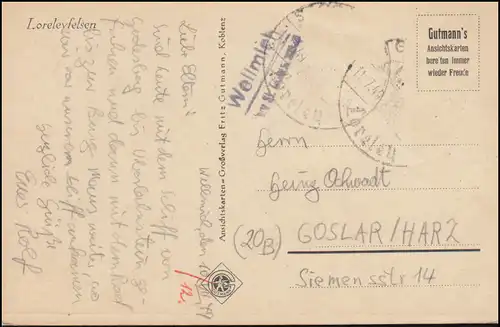 Landpost-Stempel Wellmich über St. Goarshausen auf AK Loreleyfeksen SSt 11.7.49