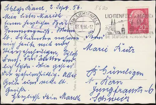 Landpost-Stempel Banz (Schloss Banz) auf passender AK,Werbe-O LICHTENFELS 3.9.56