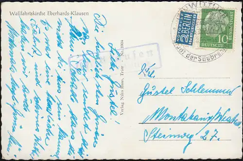 Landpost-Stempel Klausen über Wittlich auf passender AK, SSt WITTICH 19.8.1955