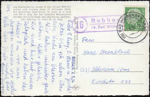 Landpost-Stempel Rehbach über BAD WILDUNGEN LAND 7.8.1956 auf AK Edertalsperre