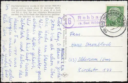 Le temple de Rehbach par l'intermédiaire de BAD WILDUNGEN LAND 7.8.1956 sur AK Edertalverbelle