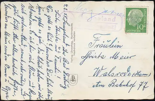 Temple de la poste de campagne Langeland par BAD DRIBURG 1958, correspondant AK Driburg Sentier de randonnée