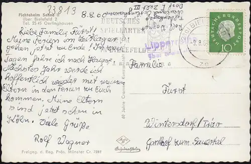 Templier de la poste de campagne Lipperreihen sur BIELEFELD 9.8.1960 sur AK Fichteheim Senne II