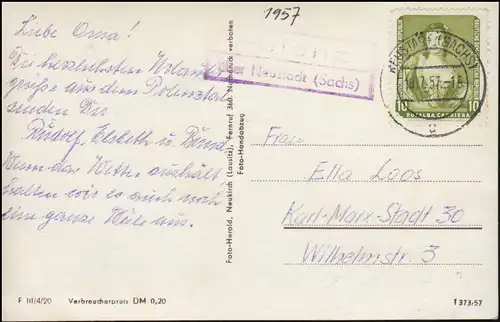 Landpost-Stempel Polenz über NEUSTADT (SACHS.) 1957 auf passender Ansichtskarte