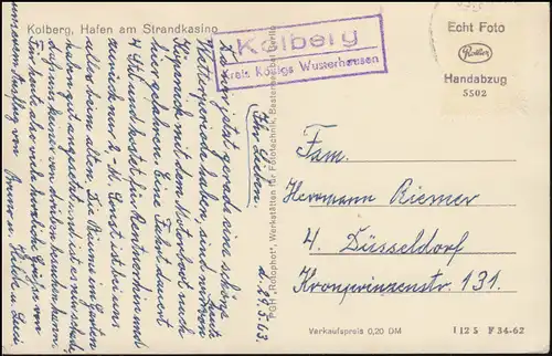 Landpost-Stempel Kolberg über Königs Wusterhausen 1963 auf passender AK 