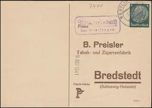 Landpost-Stempel Rommelsbach über REUTLINGEN 7.7.1941 auf Bestell-Postkarte