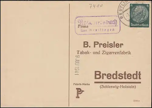 Temple de la poste de campagne Rommelsbach via REUTLINGEN 7.7.1941 sur carte postale de commande