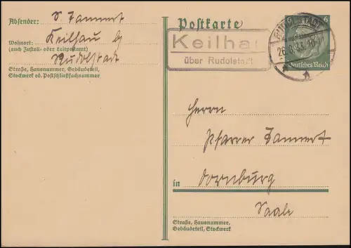 Temple de la poste de campagne Keilhau sur RUDOLSTADT 26.8.193 sur carte Hindenburg