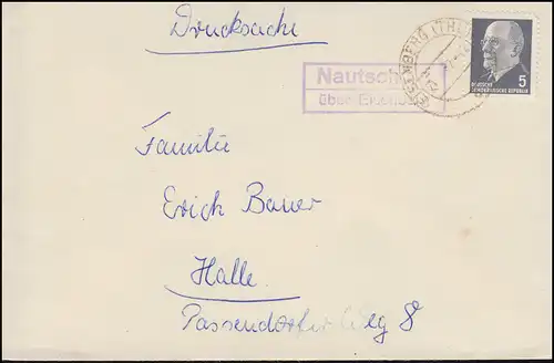 Landpost-Stempel Nautschütz über EISENBERG (THÜRINGEN) 21.4.1962 auf Drucksache