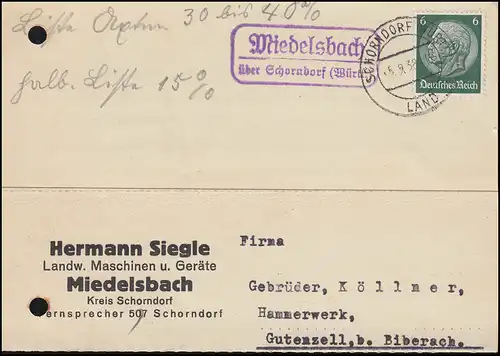 Landpost-Stempel Miedelsbach über SCHORNDORF (WÜRTT) LAND 5.9.1938 auf Postkarte