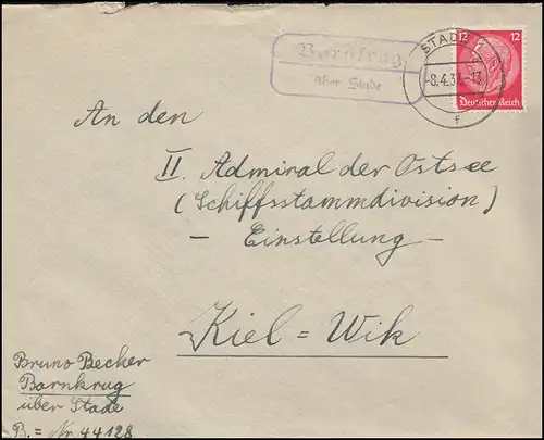 Landpost-Stempel Barnkrug über STADE 1 - 8.4.1937 Brief nach Kiel-Wik