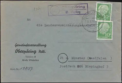 Le temple de la poste de campagne Oberpöring sur PLATTLING 24.6.1957 sur lettre