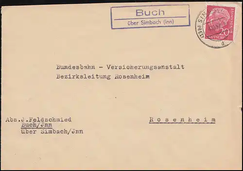 Landpost-Stempel Buch über SIMBACH (INN) 4.10.1957 auf Brief nach Rosenheim