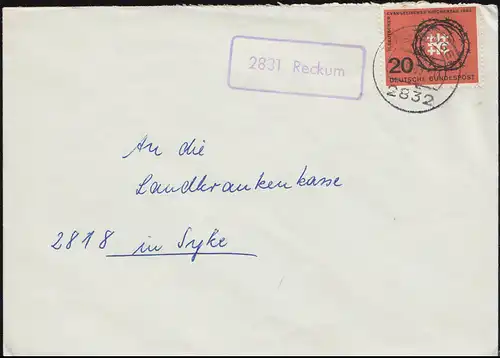Landpost-Stempel 2831 Reckum auf Brief TWISTRINGEN 20.1.1964 nach Syke
