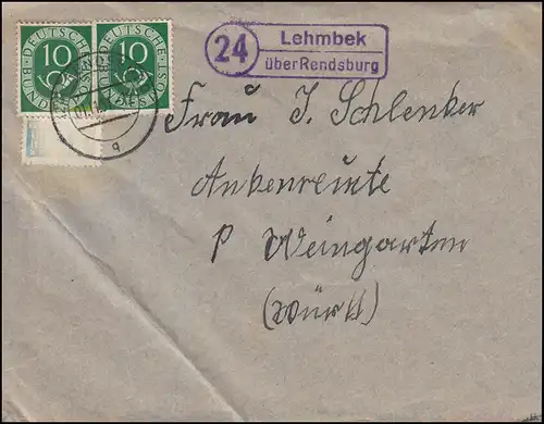 Landpost-Stempel Lembek über RENDSBURG 1.11.1951 auf Brief mit Notopfermarke