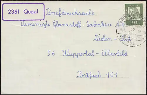 Landpost-Stempel 2361 Quaal auf Briefdrucksache SSt BAD SEGEBERG 25.4.1963