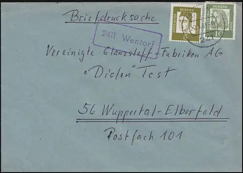 Landpost-Stempel 2411 Wentorf auf Briefdrucksache MÖLLN 2.5.1963 nach Wuppertal