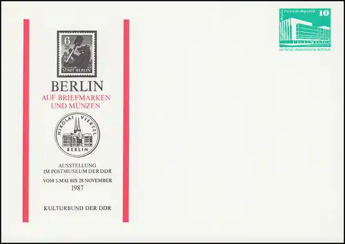 PP 17/73 Bâtiments 10 Pf Berlin sur les timbres et les pièces de monnaie 1987, **