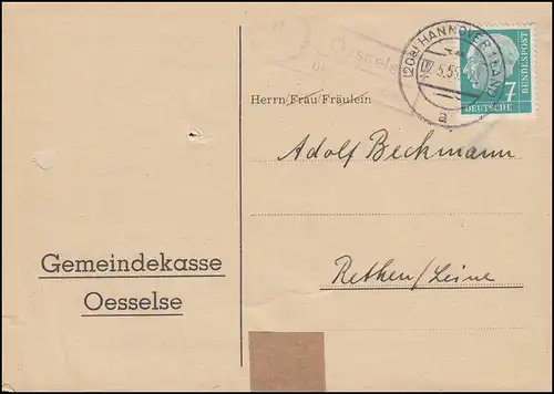 Landpost-Stempel Oesselse über HANNOVER 7.5.1955 auf Drucksache nach Rethen