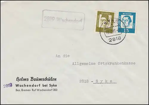 Landpost-Stempel 2819 Wachendorf auf Briefdrucksache SYKE 10.12.1963