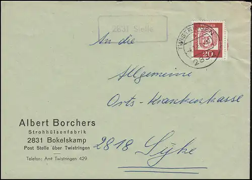 Templier de campagne 2831 emploi sur lettre TWISTRINGEN 4.7.1962