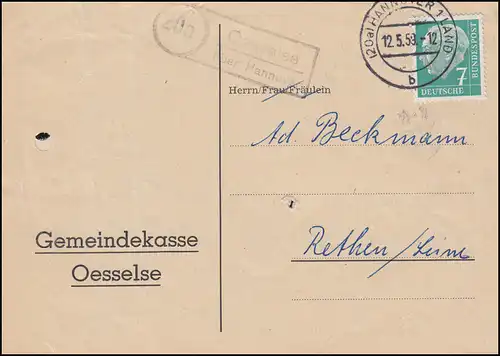 Landpost-Stempel Oesselse über HANNOVER 12.5.1959 auf Drucksache nach Rethen
