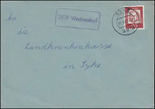 Temple de la poste de campagne 2819 Wagendorf sur lettre SYKE 11.9.1963