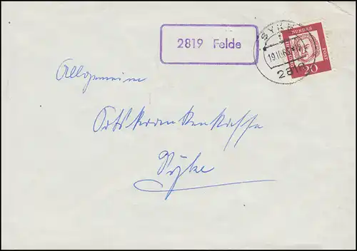 Landpost-Stempel 2819 Felde auf Brief SYKE 19.19.1963