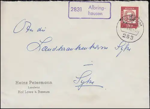 Landpost-Stempel 2831 Albringhausen auf Brief BASSUM 21.6.1962