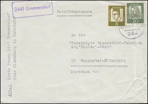Landpost-Stempel 2441 Gremersdorf Briefdrucksache OLDENBRUG IN HOLSTEIN 2.5.1963