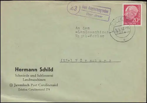 Le temple de la poste de campagne Nouvelle Augustengroden sur JEVER 16.4.1958 sur lettre