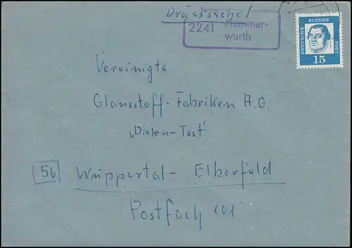 Landpost-Stempel 2241 Hemmerwurth auf Briefdrucksache HEIDE 1963