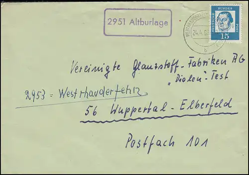 Landpost-Stempel 2951 Altburlage auf Briefdrucksache WESTRHAUDERFEHN 24.4.1963