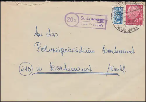 Temple de la poste de campagne de Cape Sud sur Walsrode sur lettre SSt WALSRODE 12.8.1954