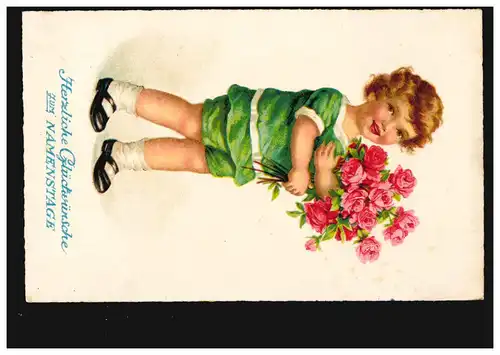 Carte postale Jour du nom Enfant en habit vert avec des roses, REGENSBURG vers 1930