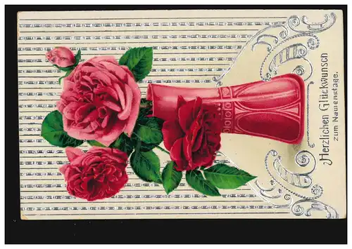 Ansichtskarte Namenstag Rote Vase mit roten Rosen, MAUER bei WIEN um 1910
