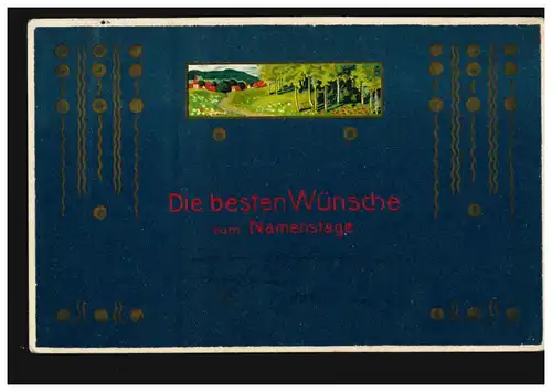 Prägekarte Namenstag Symbole mit Bild Dorfidylle und Wald, LANDSHUT 5.11.1907