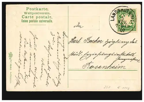 Prägekarte Namenstag Symbole mit Bild Dorfidylle und Wald, LANDSHUT 5.11.1907