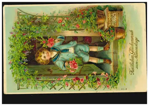 Ansichtskarte Namenstag Kind mit Blumen im Türbogen, vergoldet, VIERSEN 24.11.11