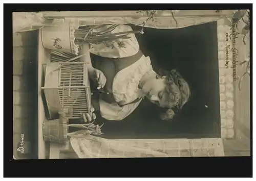 Foto-Ansichtskarte Namenstag Frau mit Vogelkäfig am Fenster,OBERHAUSEN 14.8.1910