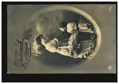 Ansichtskarte Namenstag Frau mit Tochter und Blumenkorb, M.GLADBACH 25.7.1913