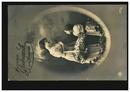 Carte de vue Nom de la femme avec fille et panier de fleurs, M.GLADBACH 25.7.1913