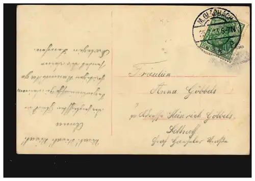 Carte de vue Nom de la femme avec fille et panier de fleurs, M.GLADBACH 25.7.1913