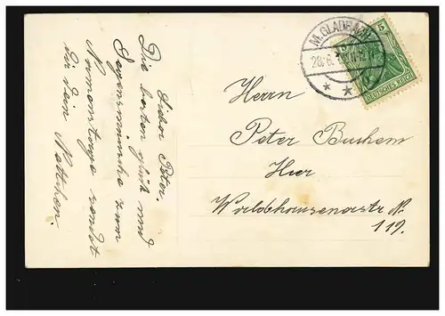Ansichtskarte Namenstag Frau mit Blumenkorb, coloriert. M.GLADBACH 28.6.1913