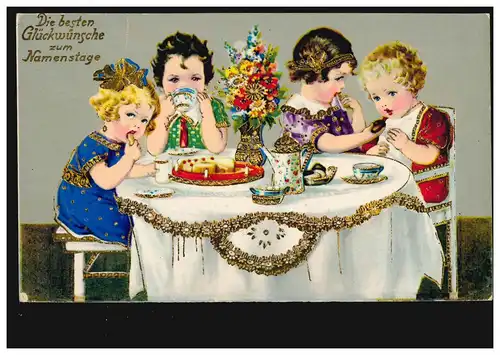 Ansichtskarte Namenstag Kinder am Tisch beim Kuchenessen, NEUSTADT W.P. 10.9.31