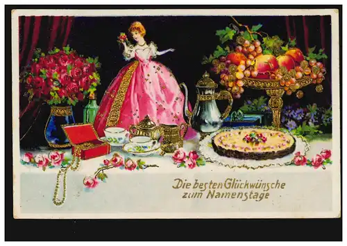 Ansichtskarte Namenstag Stillleben Kuchen Obst Puppe, KOLLBACH b. FRONTENHAUSEN