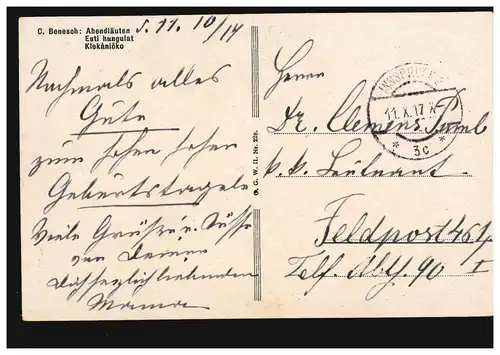 Künstler-AK Benesch: Abendläuten - Bauer mit Sense, INNSBRUCK 11.10.1917