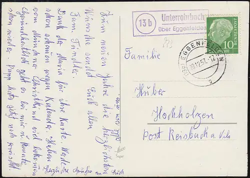 Landpost-Stempel Unterrohrbach über EGGENFELDEN 28.12.1957 auf AK Winter